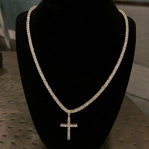 Gold diamond tennis necklace plus cross pendant